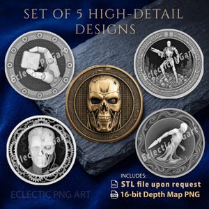 Cybernetic Skull 3D Relief Depth Map | stl 16bit Height Map PNG | Fiber Laser MOPA LightBurn cnc | Challenge Coin Medal Template