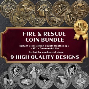 May include: A collection of nine detailed bronze-colored coins, each with a unique design related to fire and rescue services. The central banner reads "FIRE & RESCUE COIN BUNDLE" with additional text. A gold seal indicates a discount.