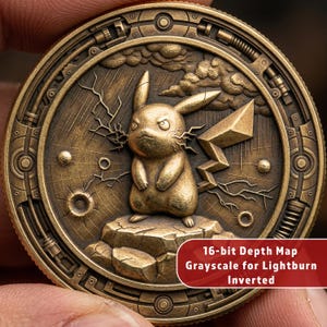 Electric Mouse Character 3D Relief | Challenge Coin Design | Deep Engrave Depth Map | STL CNC File for Fiber Laser Engraving