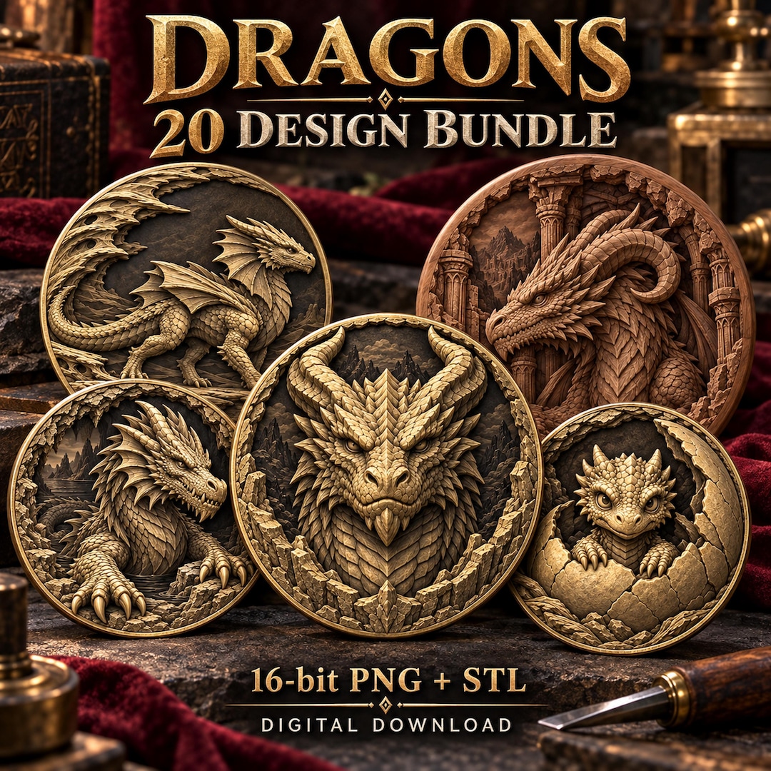 Dragon Depth Map Bundle, 20 Fantasy Coin Designs, 16-bit PNG and STL ...