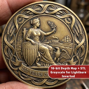 May include: A bronze-colored commemorative coin with a detailed relief design. It features a seated woman holding a branch, a shield, an eagle, a train, and a ship. The text "250 YEARS OF" is inscribed on a banner. Additional text is present in a red rectangle.