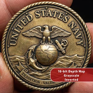 May include: A bronze United States Navy challenge coin. The coin features an eagle atop a globe, an anchor, and the words "United States Navy" and "Tradition - Valor - Victory". The coin has a rope-like border.