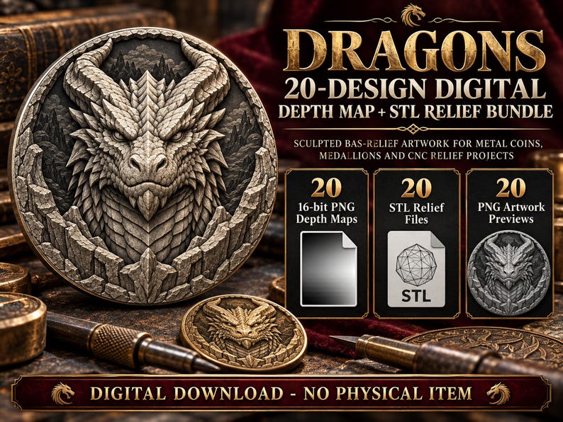 Dragon Depth Map Bundle, 20 Fantasy Coin Designs, 16-bit PNG and STL ...