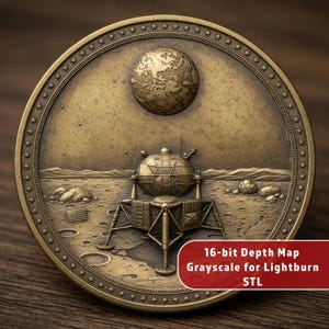 May include: A bronze-colored coin featuring a detailed depiction of a lunar landscape with a spacecraft and the Earth. The coin has a star-studded border and the text "16-bit Depth Map Grayscale for Lightburn STL".