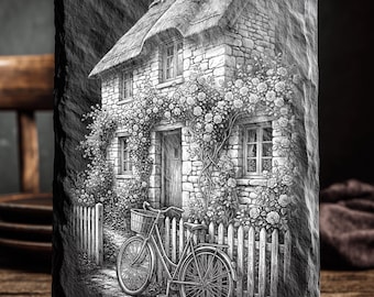 Rustic Cottage & Bicycle | Garden Scene Laser File | Slate Engraving PNG | Housewarming Decor Art