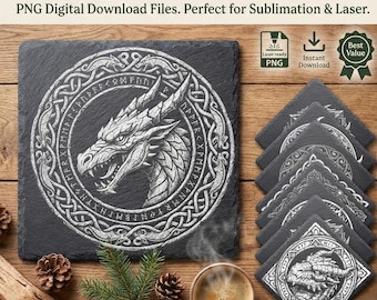 10 Dragon Coaster Designs | Fantasy Laser File | Celtic Slate Pattern | RPG Engraving PNG