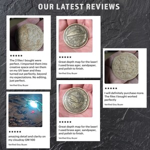 May include: A collection of five customer reviews featuring circular metal coins with engraved designs, including a starship, a cartoon character, and a dog. Each review includes a five-star rating and text describing the use of laser engraving files.