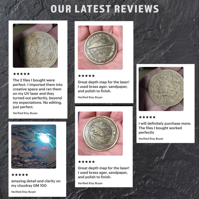 May include: A collection of five customer reviews featuring circular metal coins with engraved designs, including a starship, a cartoon character, and a dog. Each review includes a five-star rating and text describing the use of laser engraving files.