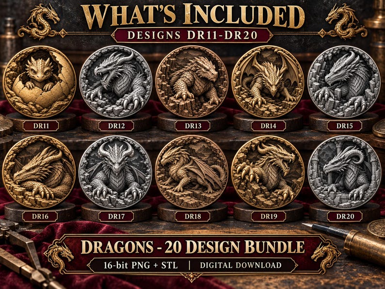 Dragon Depth Map Bundle, 20 Fantasy Coin Designs, 16-bit PNG and STL ...