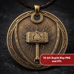 May include: A bronze-colored pendant featuring a detailed depiction of Thor's hammer, Mjolnir, within a circular frame. The pendant is suspended from a brown leather cord. The design includes intricate knotwork and runes, with the text "16-bit Depth Map PNG and STL".
