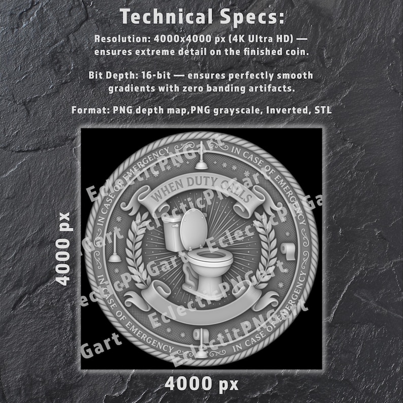 May include: A circular gray digital coin design featuring a central toilet, a plunger, and a toilet paper roll. The text reads WHEN DUTY CALLS and IN CASE OF EMERGENCY. Technical specs include 4000x4000 px resolution, 16-bit bit depth, and PNG/STL formats.