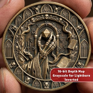 May include: A detailed bronze coin with a gothic design. The coin features a skeleton hand holding a geometric shape, surrounded by skulls, gargoyles, and architectural elements. The coin has the text "16-bit Depth Map Grayscale for Lightburn Inverted".