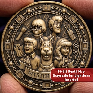 May include: A bronze-colored coin featuring a relief of a cartoon group with a dog, a ghost, and the word "MYSTER". The coin has a chain border with small television icons. The text "16-bit Depth Map Grayscale for Lightburn Inverted" is on the coin.