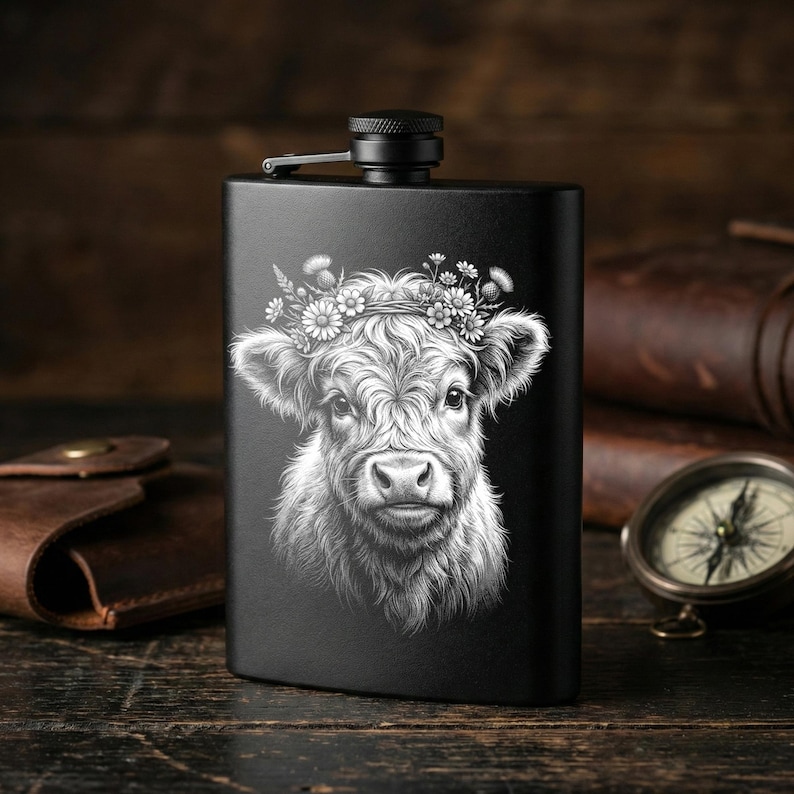 May include: Black flask featuring a detailed black and white illustration of a Highland cow wearing a floral crown. The flask has a matte finish and a black screw-on cap. The background includes leather-bound books and a compass.