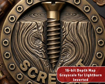 May include: A bronze-colored, circular emblem with a large screw design. The word "SCRE" is embossed on the lower left. The emblem has a detailed wood grain texture and a border of small circles. Text on the lower right reads "16-bit Depth Map Grayscale for Lightburn Inverted."