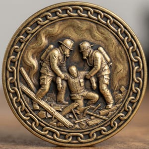 May include: A circular bronze coin featuring a relief of two firefighters helping a person. The coin's edge has a chain pattern. The scene includes debris and smoke, implying a rescue. This coin is a commemorative piece, likely of historical significance.
