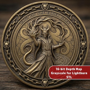May include: A bronze-colored coin with the text "PACT OF THE ELDER DARK" around the edge. The coin features a detailed relief of a horned figure with flames, surrounded by an octopus-like design. The coin is framed by a chain with skull accents. Text on the coin reads "16-bit Depth Map Grayscale for Lightburn STL".