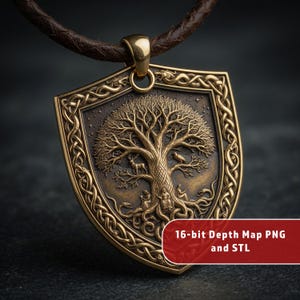 May include: A gold-colored pendant necklace with a shield-shaped design. The pendant features a detailed tree of life motif with a deer, bird, and figures. The necklace has a brown leather cord. Text on the image reads: 16-bit Depth Map PNG and STL.