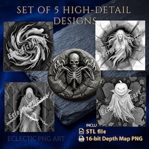 Halloween CNC Relief Carving Bundle | Scary Skeleton STL Models | Horror Decor Wall Art | Aspire VCarve File | 3D Depth Map Pack