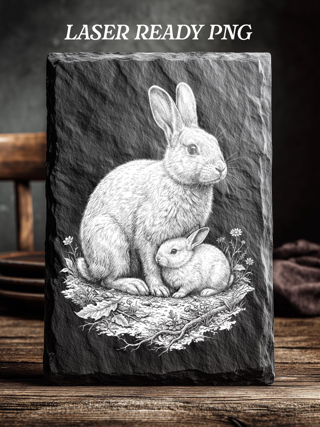 Realistic Rabbit & Bunny | Slate Engraving File | Laser Etch Art ...