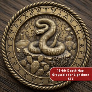 May include: A bronze-coloured coin featuring a detailed relief of a coiled snake, desert landscape, and text around the edge. The coin has a rope-like border and the text "16-bit Depth Map Grayscale for Lightburn STL".