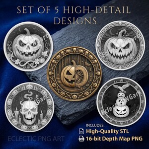 Halloween Coin Depth Map Bundle | 5 Pumpkin Skull stl Height Map PNG | Fiber Laser MOPA EZCAD LightBurn cnc | Coin Medal Plaque