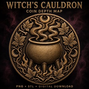 May include: A circular bronze-toned coin depth map featuring a central three-legged cauldron with rising smoke. The design includes maple leaves, crescent moons, and bones in relief. Text reads WITCH'S CAULDRON COIN DEPTH MAP PNG + STL DIGITAL DOWNLOAD.