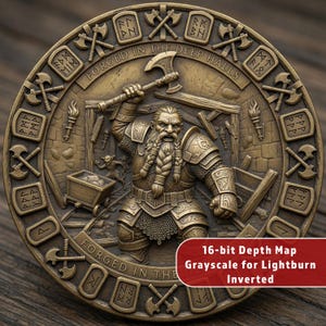 Könnte beinhalten: Eine bronzefarbene runde Münze mit einem detaillierten Relief eines Zwergfiguren, der eine Axt in einer Bergwerksumgebung schwingt. Die Münze trägt den Text "FORGED IN THE DEEP HALLS" und andere Inschriften. Die Münze hat auch den Text "16-bit Depth Map Grayscale for Lightburn Inverted".