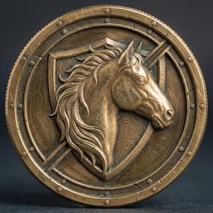 May include: A bronze-colored coin featuring a detailed horse head profile within a shield design. The coin has a textured surface and a decorative border with rivets. The horse's mane and facial features are intricately sculpted.
