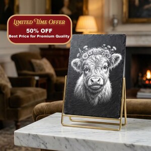 May include: A black rectangular slate serving board with a detailed grayscale illustration of a Highland cow wearing a floral crown. The board is displayed on a gold-colored metal stand. The image also includes text that says "Limited Time Offer 50% OFF Best Price for Premium Quality."