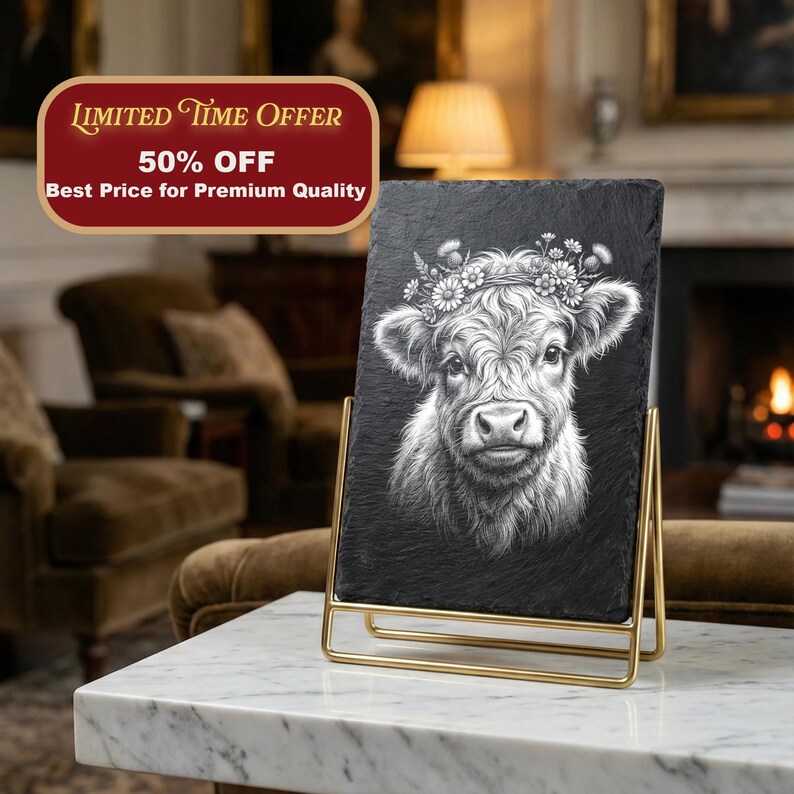 May include: A black rectangular slate serving board with a detailed grayscale illustration of a Highland cow wearing a floral crown. The board is displayed on a gold-colored metal stand. The image also includes text that says "Limited Time Offer 50% OFF Best Price for Premium Quality."