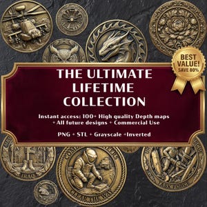 May include: A collection of bronze-colored medallions with detailed relief designs. The central banner reads "THE ULTIMATE LIFETIME COLLECTION." Medallions depict a helicopter, owl, dragon, flower, and military scenes. Includes text: "Instant access: 100+ High quality Depth maps + All future designs + Commercial Use."