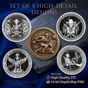 May include: A set of five circular digital designs featuring skeleton cowboys. One bronze coin shows a running outlaw near a train. Four silver coins depict skeletons with snakes, guns, wings, or a rocking chair. Text includes SET OF 5 HIGH-DETAIL DESIGNS.