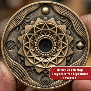 Pièce de monnaie mandala à géométrie sacrée | Pièce du défi gravée en profondeur | Carte de profondeur en relief 3D | Fichiers laser à fibre optique CNC