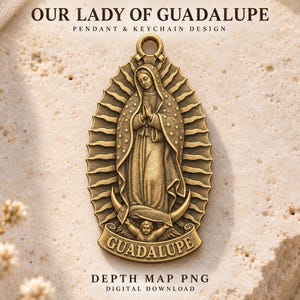 May include: A bronze-toned metal pendant featuring a relief of Our Lady of Guadalupe with hands in prayer, surrounded by a sunburst halo and standing on a crescent moon. The text GUADALUPE is embossed at the base, with a loop at the top for hanging.