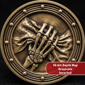 May include: A bronze-colored coin with a detailed relief design. The coin features a skeletal hand grasping a waving American flag. The coin's outer edge has a series of raised circles. The text "16-bit Depth Map Grayscale Inverted" is in a red rectangle.