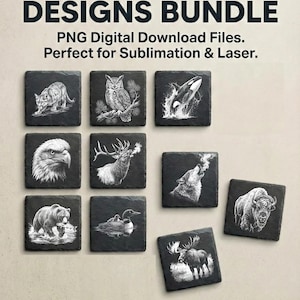 Op de afbeelding: Een verzameling van tien vierkante leistenen onderzetters, elk met een uniek zwart-wit ontwerp van verschillende dieren in het wild, waaronder een tijger, een uil en een beer. De tekst "10 UNIQUE DESIGNS BUNDLE" staat bovenaan.