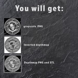 May include: A digital file set featuring the text 'You will get:' followed by three circular graphic icons depicting a toilet with the text 'WHEN DUTY CALLS'. The list includes a grayscale PNG, an inverted depthmap, and a depthmap PNG and STL file.