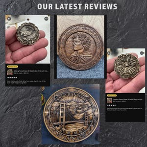 May include: A collection of four circular 3D relief medallions featuring various designs including a space fighter, a portrait of a person with elven-style script, a mechanical circular pattern, and a San Francisco scene with the Golden Gate Bridge.