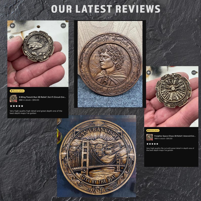 May include: A collection of four circular 3D relief medallions featuring various designs including a space fighter, a portrait of a person with elven-style script, a mechanical circular pattern, and a San Francisco scene with the Golden Gate Bridge.