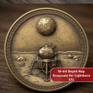 May include: A bronze-colored coin featuring a detailed depiction of the moon's surface, a lunar lander, and a globe of the Earth. The coin has a star-studded border and the text "16-bit Depth Map Grayscale for Lightburn STL".