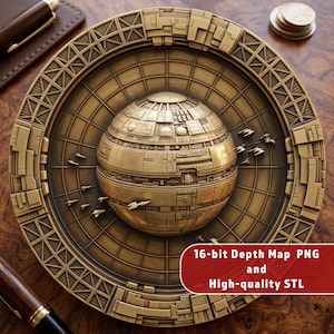 Op de afbeelding: Een cirkelvormige, messingkleurige reliëfplaat met een centraal bolvormig ruimtestation omringd door kleine ruimteschepen tegen een achtergrond met een rasterpatroon. Een rood label toont de tekst 16-bit Depth Map PNG and High-quality STL.