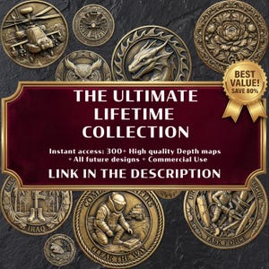 May include: A collection of circular bronze-toned relief medallions featuring various designs including a helicopter, dragon, owl, floral patterns, and military figures. A central maroon sign displays the text THE ULTIMATE LIFETIME COLLECTION.