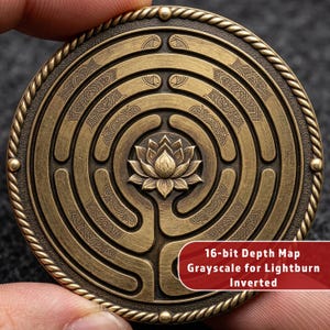 May include: A round, antique brass-colored coin featuring a labyrinth design with a central lotus flower. The coin has a rope-like border and the text "16-bit Depth Map Grayscale for Lightburn Inverted" on a red label.