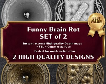 May include: A digital design set titled "Funny Brain Rot," featuring two high-quality designs. The image includes illustrations of a brain cell, a remote control, and a pillow. The text indicates instant access to depth maps, STL files, and commercial use.