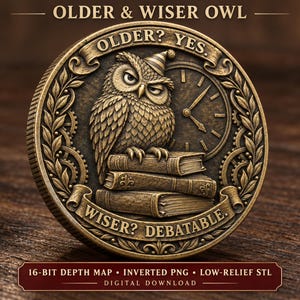 May include: A circular bronze-toned medallion featuring an owl wearing a party hat, perched on a stack of three books. Behind the owl is a clock face and gear motifs. The text reads OLDER? YES. and WISER? DEBATABLE. The border features leaf patterns.