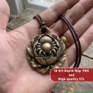 May include: A round bronze-toned pendant featuring a central spider resting within a layered floral design, suspended from a dark brown leather cord. The image includes the text 16-bit Depth Map PNG and High-quality STL.