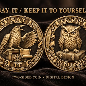 May include: Two circular bronze-toned coins featuring relief designs. The left coin shows a raven on a pedestal with the text SAY IT. The right coin shows an owl perched on a book with the text KEEP IT TO YOURSELF. Both coins are framed by laurel wreaths.