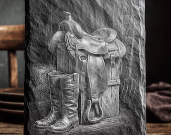 Western Saddle & Boots Scene | Rustic Ranch Wall Art | Laser Engraving File | Slate Plaque PNG