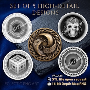May include: A set of 5 high-detail designs featuring circular digital art pieces. One central bronze-toned medallion displays a braided border and swirling centre. Four surrounding circular graphics show a spiral staircase, a skull, a cube, and a dark ring.